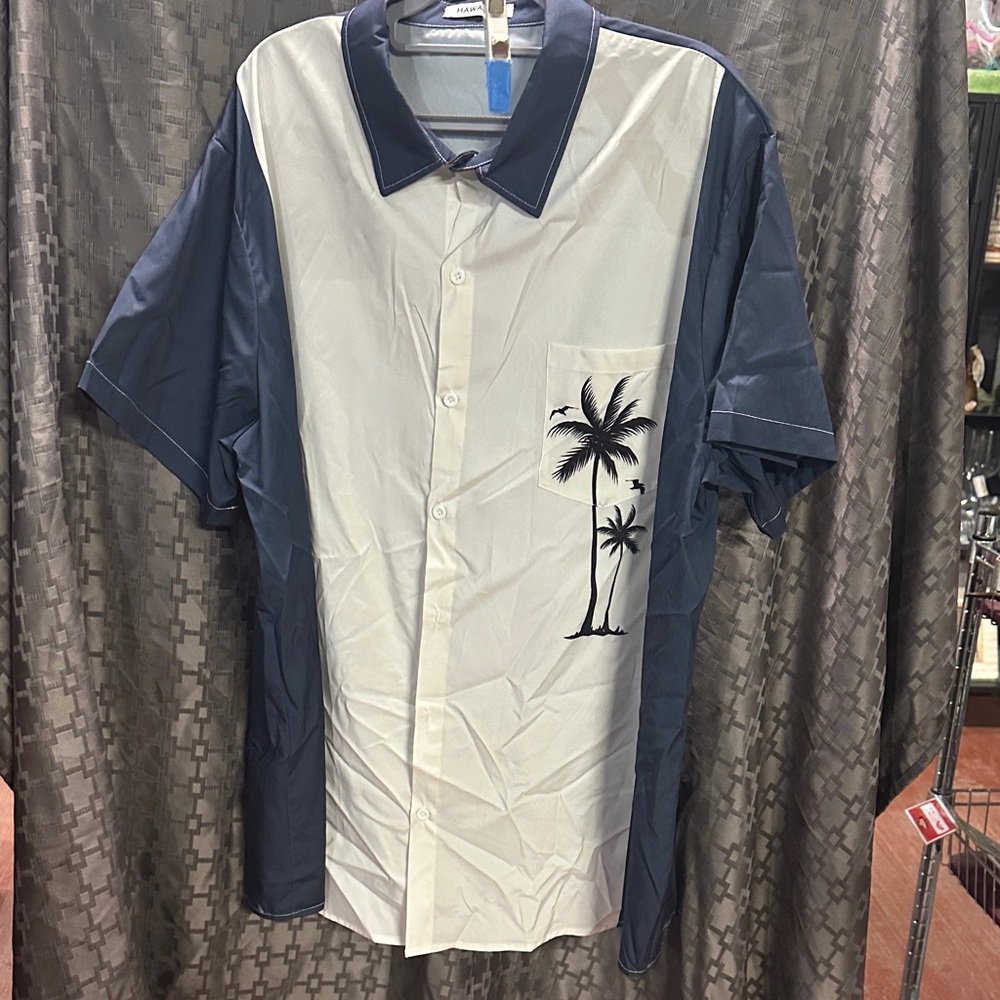 Men's Navy and White Palm Tree Casual Shirt